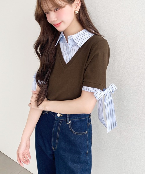 moment+(モーメントプラス)の「半袖リボンスリーブシャツレイヤードトップス(Tシャツ/カットソー・レディース・ブラウン/ネイビー/アイボリー/ブラック/杢グレー・M)」の17枚目の写真
