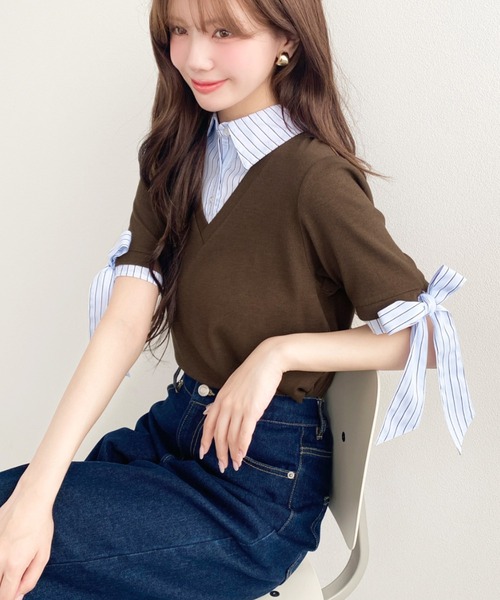 moment+(モーメントプラス)の「半袖リボンスリーブシャツレイヤードトップス(Tシャツ/カットソー・レディース・ブラウン/ネイビー/アイボリー/ブラック/杢グレー・M)」の19枚目の写真