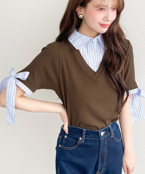 moment+(モーメントプラス)の「半袖リボンスリーブシャツレイヤードトップス(Tシャツ/カットソー・レディース・ブラウン/ネイビー/アイボリー/ブラック/杢グレー・M)」の18枚目の写真