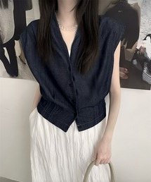 THEODORIC.dy（セオドリックディ）の「Ｖネック デニムシャツ（キャップスリーブ×ウエストシェイプ設計）（シャツ/ブラウス）」
