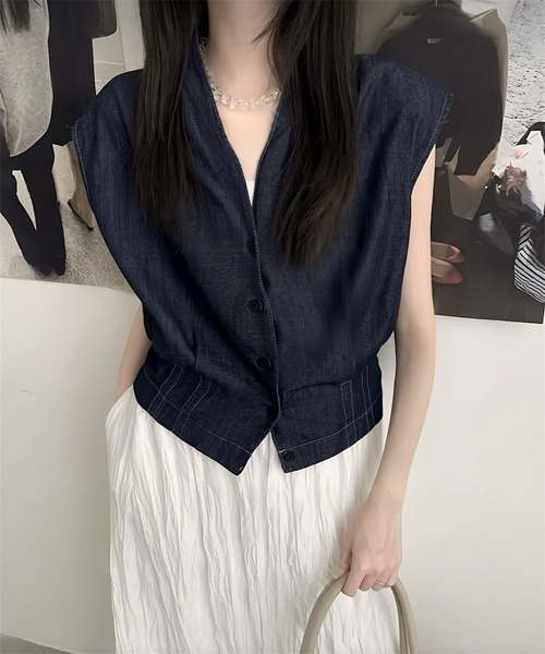 ブラウス シャツ Ｖネック デニムシャツ（キャップスリーブ×ウエストシェイプ設計） レディース Vネック デニムシャツ（キャップスリーブ×ウエストシェイプ設計