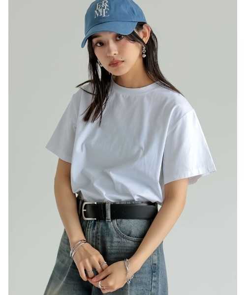 Re:EDIT（リエディ）の「[接触冷感]コットンブレンドスムース天竺ベーシックTシャツ（Tシャツ/カットソー・レディース・ブラック/グレイッシュベージュ/チャコールグレー/ホワイト/ボルドー/ワインレッド/ネイビー/ベージュ・MEDIUM/LARGE/X-LARGE）」の16枚目の写真