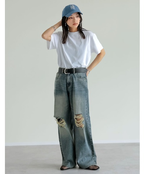 Re:EDIT（リエディ）の「[接触冷感]コットンブレンドスムース天竺ベーシックTシャツ（Tシャツ/カットソー・レディース・ブラック/グレイッシュベージュ/チャコールグレー/ホワイト/ボルドー/ワインレッド/ネイビー/ベージュ・MEDIUM/LARGE/X-LARGE）」の14枚目の写真