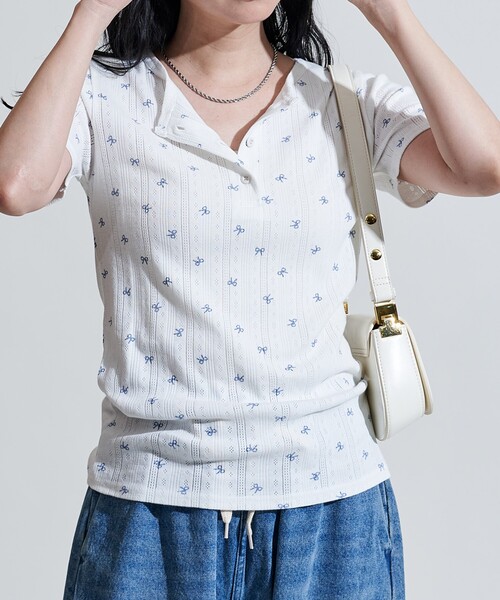 セール】リボン柄 針抜きフライス ヘンリーネックTシャツ（Tシャツ