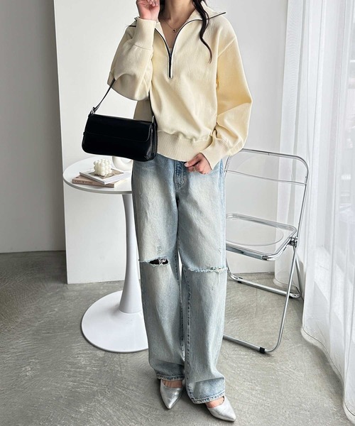 FIRST MOOD(ファーストムード)の「《FIRSTMOODコラボ》配色ハーフジップニットプルオーバー(ニット/セーター・レディース・アイボリー/ブラック・MEDIUM/LARGE)」の6枚目の写真