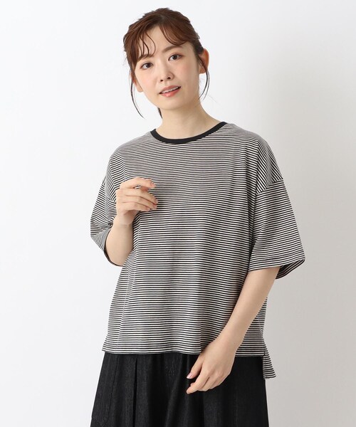 one'sterrace(ワンズテラス)の「コットン天竺 ボーダー5分袖プルオーバー(Tシャツ/カットソー・レディース・ブラック系8/オレンジ系その他5/カーキ系5・02)」の2枚目の写真