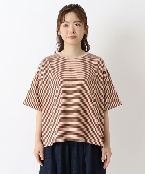 one'sterrace(ワンズテラス)の「コットン天竺 ボーダー5分袖プルオーバー(Tシャツ/カットソー・レディース・ブラック系8/オレンジ系その他5/カーキ系5・02)」の4枚目の写真