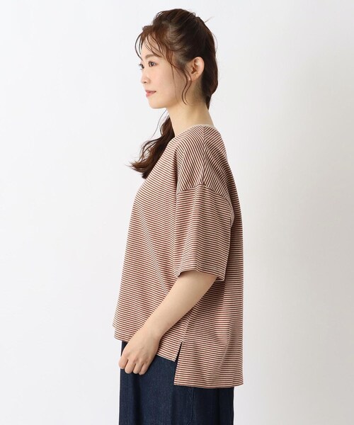 one'sterrace(ワンズテラス)の「コットン天竺 ボーダー5分袖プルオーバー(Tシャツ/カットソー・レディース・ブラック系8/オレンジ系その他5/カーキ系5・02)」の5枚目の写真