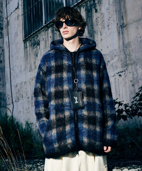 glamb(グラム)の「Check Knit Hoodie / チェックニットフーディー(ニット/セーター・メンズ・レッド/ブルー・S/M/L)」の1枚目の写真