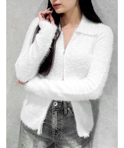 GYDA(ジェイダ)の「【WEB限定】【TINY低身長さん向け】ダブルZIPシャギーニットチュニックニットトップス(ニット/セーター・レディース・ブラック/オフホワイト・FREE)」の13枚目の写真