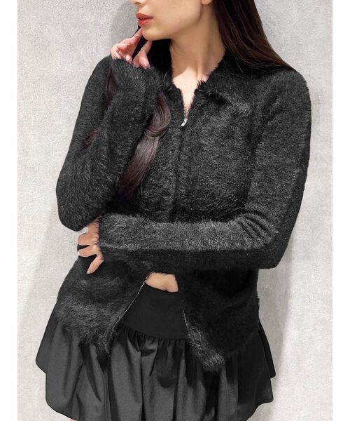 GYDA(ジェイダ)の「【WEB限定】【TINY低身長さん向け】ダブルZIPシャギーニットチュニックニットトップス(ニット/セーター・レディース・ブラック/オフホワイト・FREE)」の7枚目の写真