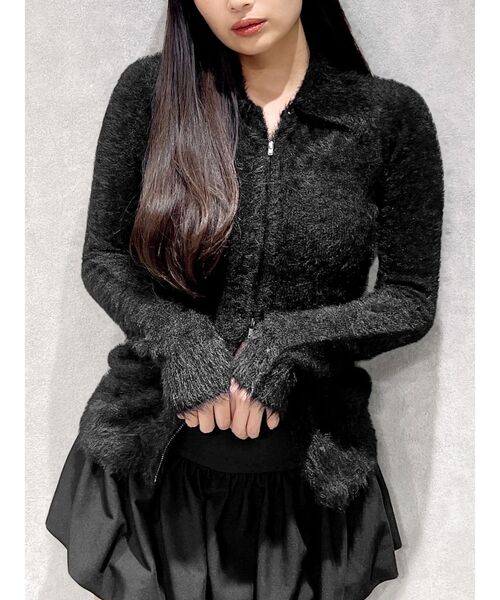 GYDA(ジェイダ)の「【WEB限定】【TINY低身長さん向け】ダブルZIPシャギーニットチュニックニットトップス(ニット/セーター・レディース・ブラック/オフホワイト・FREE)」の6枚目の写真