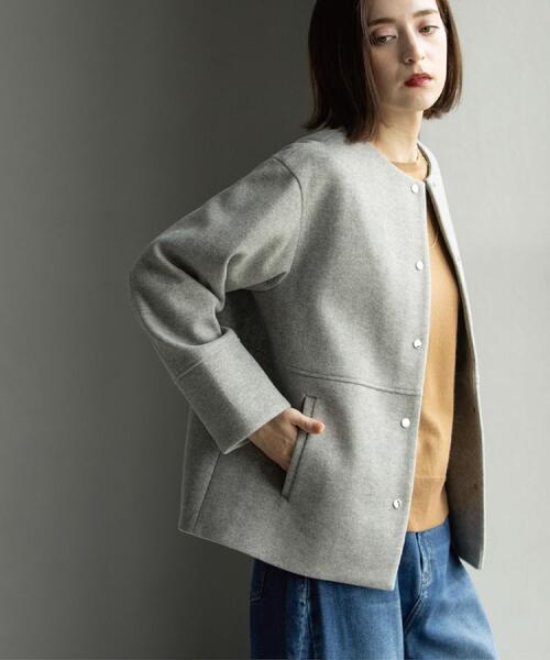 ウールライクメルトンノーカラーコート【洗濯機洗い可】（ノーカラー