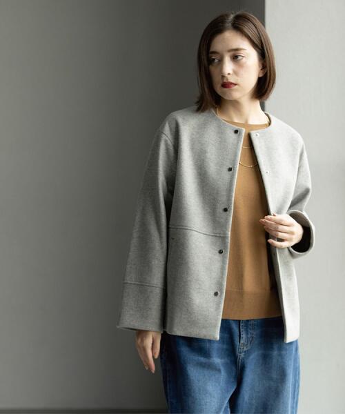 ウールライクメルトンノーカラーコート【洗濯機洗い可】（ノーカラー