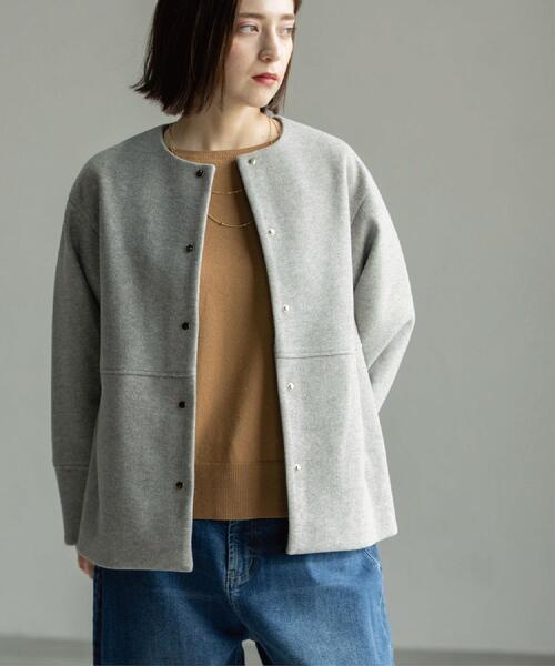 ウールライクメルトンノーカラーコート【洗濯機洗い可】（ノーカラー