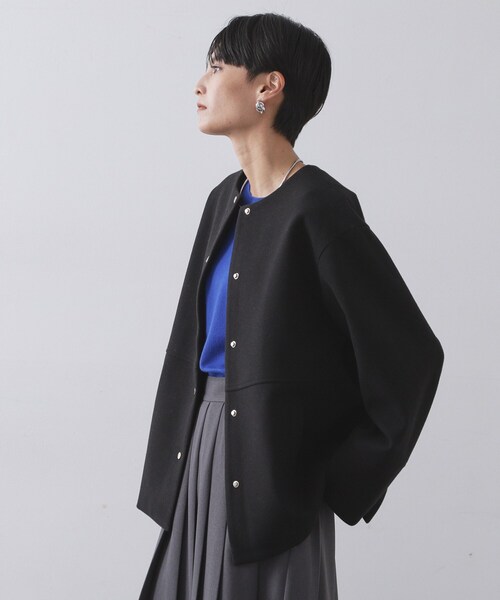 ウールライクメルトンノーカラーコート【洗濯機洗い可】（ノーカラー