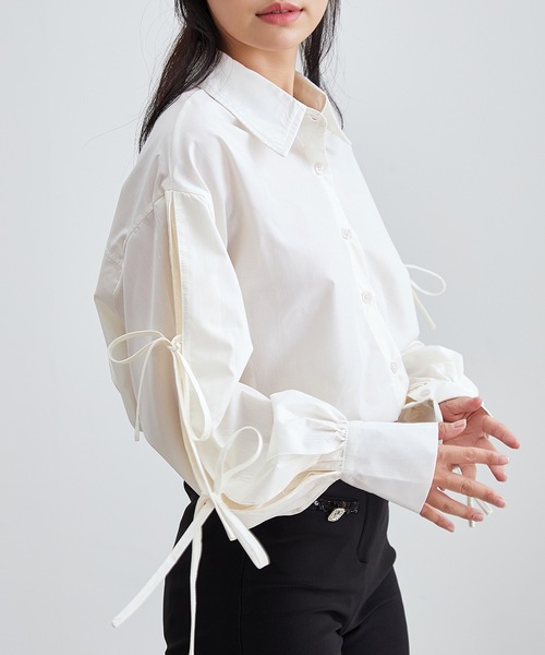 Lace Ladies（レースレディース）の「配リボン ソリッドカラー 前開き ボタン ブラウス（シャツ/ブラウス・レディース・ホワイト/ブラック/ブルー/グレー・S/FREE）」の2枚目の写真