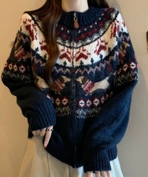 Sibra | ノルディック柄ジップニットカーディガン｜ふんわり柔らか、冬の主役に◎(カーディガン/ボレロ)