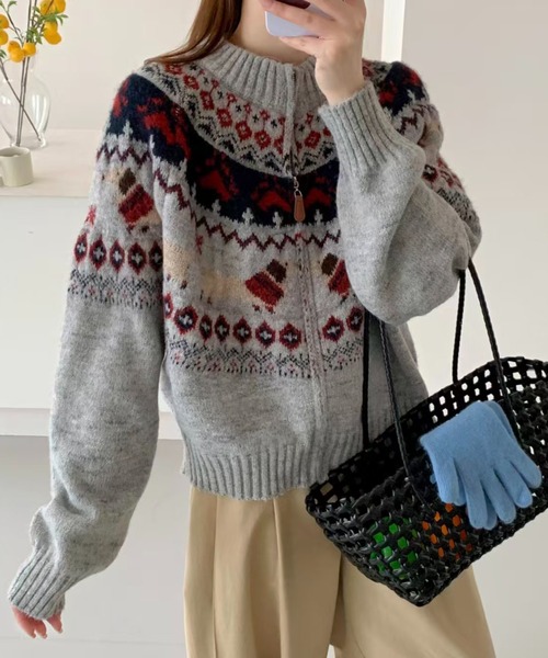 セール】ノルディック柄ジップニットカーディガン｜ふんわり柔らか、冬
