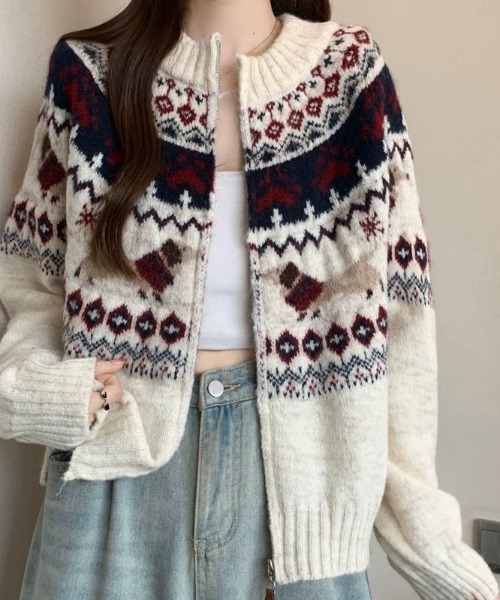 セール】ノルディック柄ジップニットカーディガン｜ふんわり柔らか、冬