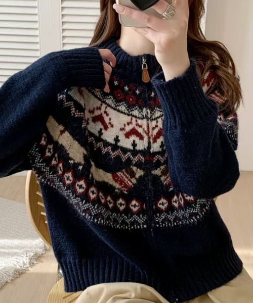セール】ノルディック柄ジップニットカーディガン｜ふんわり柔らか、冬