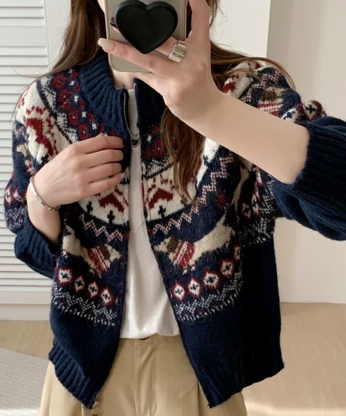 Sibra（シブラ）の「ノルディック柄ジップニットカーディガン｜ふんわり柔らか、冬の主役に◎（カーディガン/ボレロ・レディース・ネイビー/アイボリー/グレー・M）」の8枚目の写真