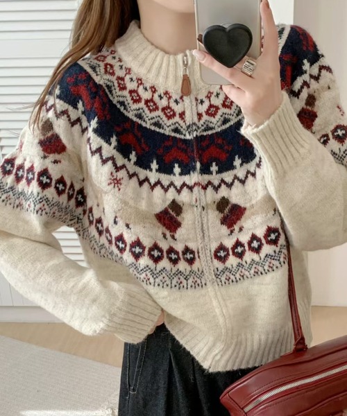 Sibra（シブラ）の「ノルディック柄ジップニットカーディガン｜ふんわり柔らか、冬の主役に◎（カーディガン/ボレロ・レディース・ネイビー/アイボリー/グレー・M）」の11枚目の写真