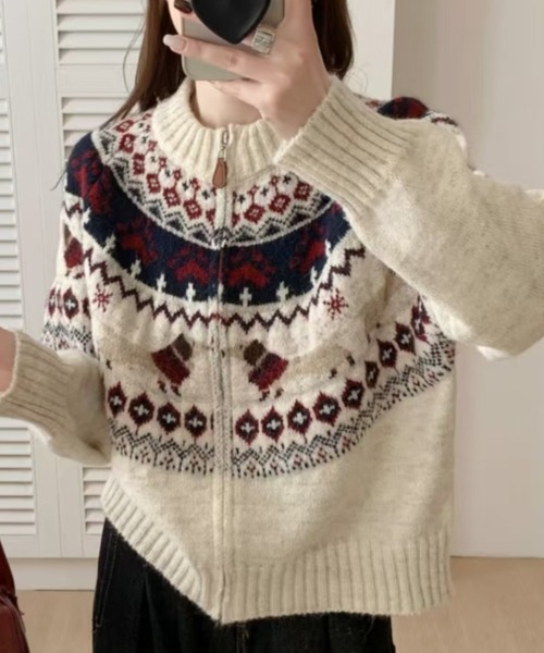 Sibra（シブラ）の「ノルディック柄ジップニットカーディガン｜ふんわり柔らか、冬の主役に◎（カーディガン/ボレロ・レディース・ネイビー/アイボリー/グレー・M）」の12枚目の写真