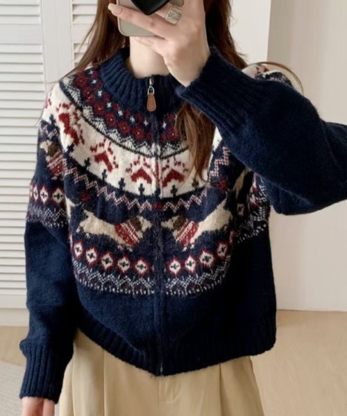 セール】ノルディック柄ジップニットカーディガン｜ふんわり柔らか、冬