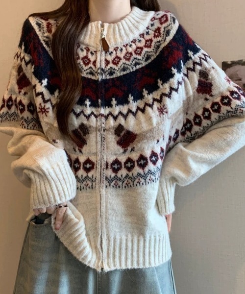 Sibra（シブラ）の「ノルディック柄ジップニットカーディガン｜ふんわり柔らか、冬の主役に◎（カーディガン/ボレロ・レディース・ネイビー/アイボリー/グレー・M）」の9枚目の写真