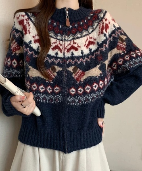 Sibra（シブラ）の「ノルディック柄ジップニットカーディガン｜ふんわり柔らか、冬の主役に◎（カーディガン/ボレロ・レディース・ネイビー/アイボリー/グレー・M）」の4枚目の写真