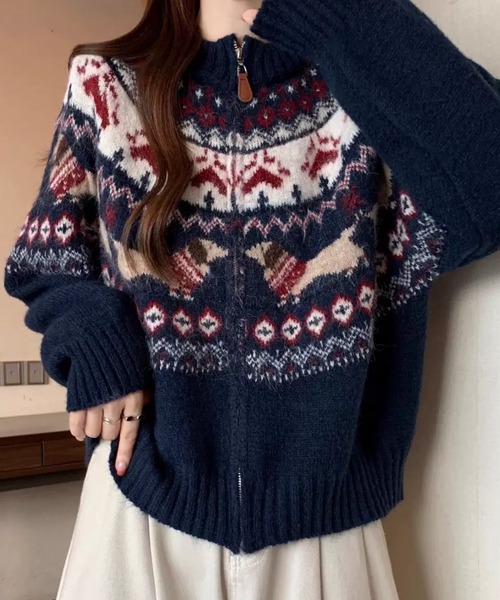 セール】ノルディック柄ジップニットカーディガン｜ふんわり柔らか、冬
