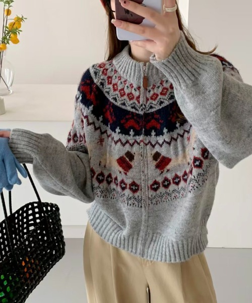 セール】ノルディック柄ジップニットカーディガン｜ふんわり柔らか、冬