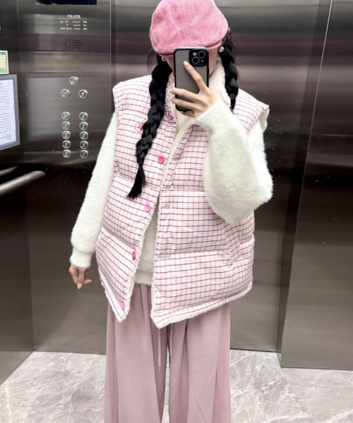 セール】2way チェック柄タフタ+ボアリバーシブル中綿ベスト