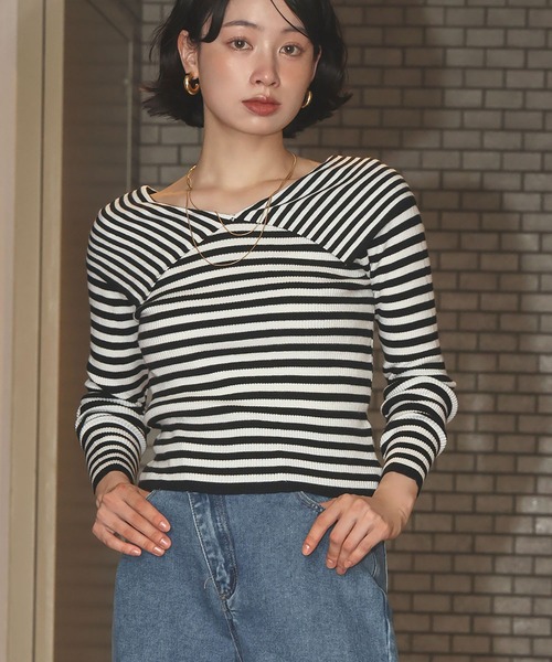 Ampirula(アンピルーラ)の「ニット 長袖 リブニット トップス プルオーバー ビッグカラー 秋 冬(ニット/セーター・レディース・ボルドー/ホワイト×ブラック/ブラック/グレー・FREE)」の2枚目の写真