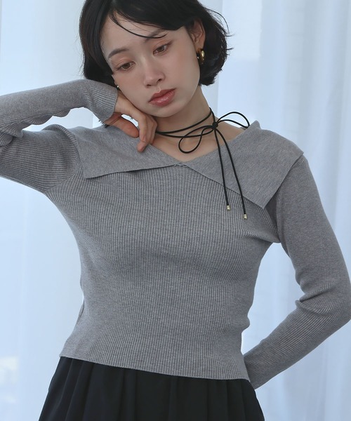 Ampirula(アンピルーラ)の「ニット 長袖 リブニット トップス プルオーバー ビッグカラー 秋 冬(ニット/セーター・レディース・ボルドー/ホワイト×ブラック/ブラック/グレー・FREE)」の1枚目の写真