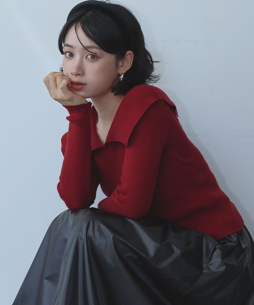 Ampirula(アンピルーラ)の「ニット 長袖 リブニット トップス プルオーバー ビッグカラー 秋 冬(ニット/セーター・レディース・ボルドー/ホワイト×ブラック/ブラック/グレー・FREE)」の4枚目の写真