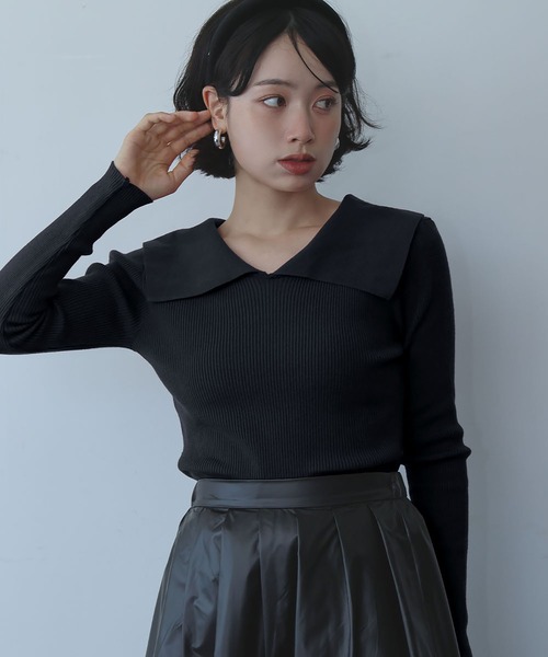 Ampirula(アンピルーラ)の「ニット 長袖 リブニット トップス プルオーバー ビッグカラー 秋 冬(ニット/セーター・レディース・ボルドー/ホワイト×ブラック/ブラック/グレー・FREE)」の3枚目の写真