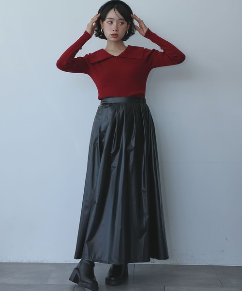 Ampirula(アンピルーラ)の「ニット 長袖 リブニット トップス プルオーバー ビッグカラー 秋 冬(ニット/セーター・レディース・ボルドー/ホワイト×ブラック/ブラック/グレー・FREE)」の5枚目の写真