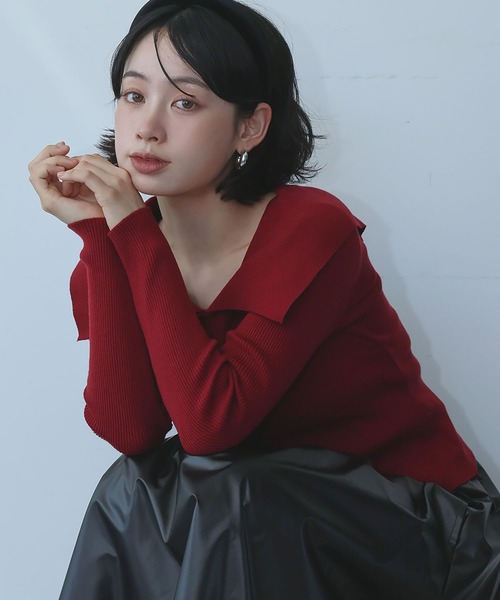 Ampirula(アンピルーラ)の「ニット 長袖 リブニット トップス プルオーバー ビッグカラー 秋 冬(ニット/セーター・レディース・ボルドー/ホワイト×ブラック/ブラック/グレー・FREE)」の6枚目の写真