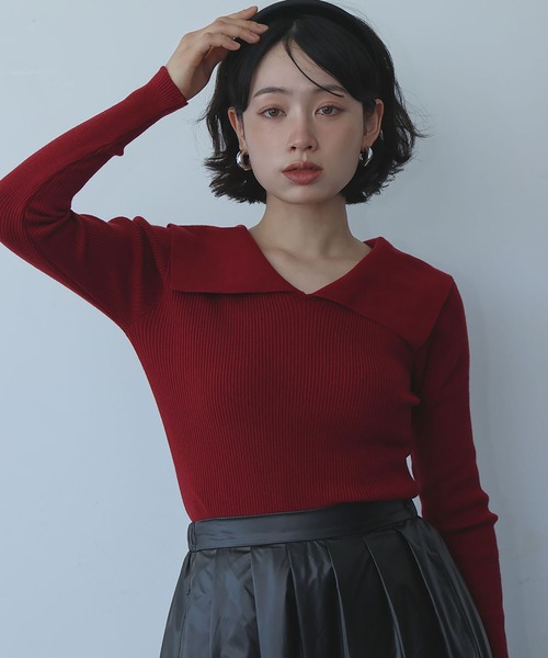 Ampirula(アンピルーラ)の「ニット 長袖 リブニット トップス プルオーバー ビッグカラー 秋 冬(ニット/セーター・レディース・ボルドー/ホワイト×ブラック/ブラック/グレー・FREE)」の7枚目の写真