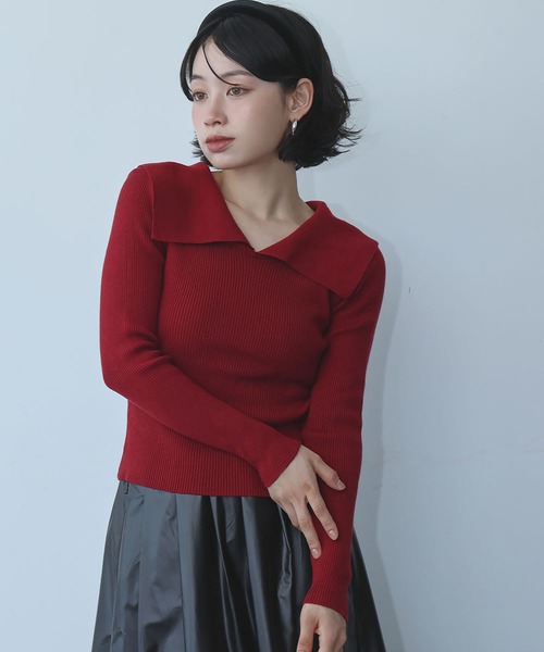 Ampirula(アンピルーラ)の「ニット 長袖 リブニット トップス プルオーバー ビッグカラー 秋 冬(ニット/セーター・レディース・ボルドー/ホワイト×ブラック/ブラック/グレー・FREE)」の8枚目の写真