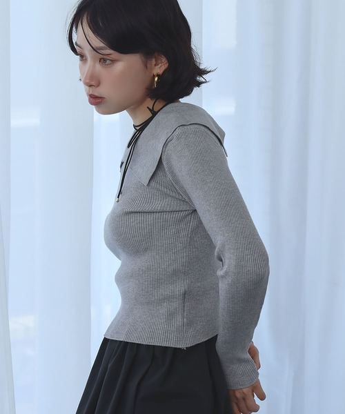 Ampirula(アンピルーラ)の「ニット 長袖 リブニット トップス プルオーバー ビッグカラー 秋 冬(ニット/セーター・レディース・ボルドー/ホワイト×ブラック/ブラック/グレー・FREE)」の11枚目の写真