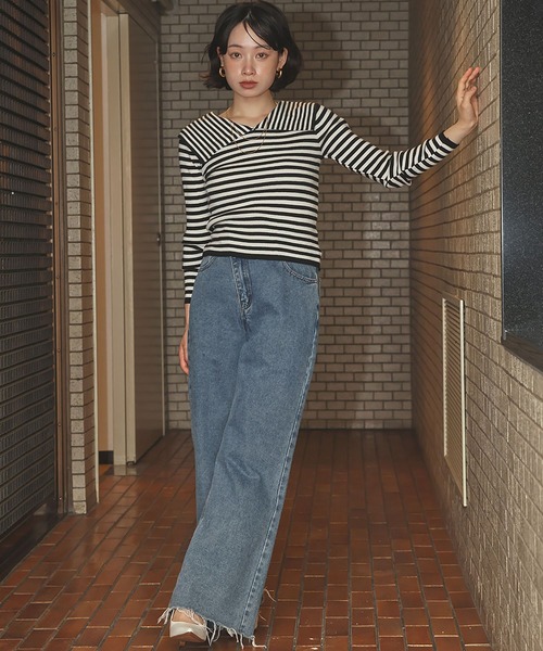 Ampirula(アンピルーラ)の「ニット 長袖 リブニット トップス プルオーバー ビッグカラー 秋 冬(ニット/セーター・レディース・ボルドー/ホワイト×ブラック/ブラック/グレー・FREE)」の13枚目の写真