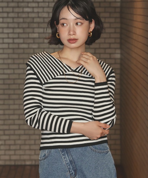 Ampirula(アンピルーラ)の「ニット 長袖 リブニット トップス プルオーバー ビッグカラー 秋 冬(ニット/セーター・レディース・ボルドー/ホワイト×ブラック/ブラック/グレー・FREE)」の14枚目の写真