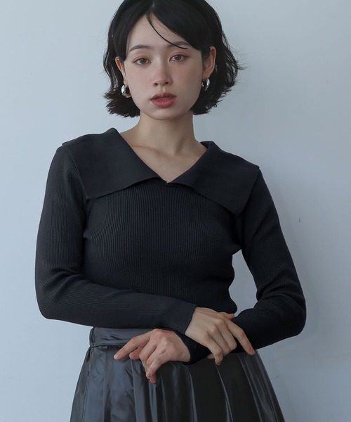 Ampirula(アンピルーラ)の「ニット 長袖 リブニット トップス プルオーバー ビッグカラー 秋 冬(ニット/セーター・レディース・ボルドー/ホワイト×ブラック/ブラック/グレー・FREE)」の16枚目の写真