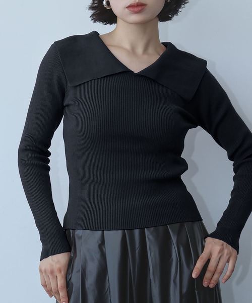 Ampirula(アンピルーラ)の「ニット 長袖 リブニット トップス プルオーバー ビッグカラー 秋 冬(ニット/セーター・レディース・ボルドー/ホワイト×ブラック/ブラック/グレー・FREE)」の17枚目の写真