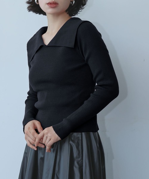 Ampirula(アンピルーラ)の「ニット 長袖 リブニット トップス プルオーバー ビッグカラー 秋 冬(ニット/セーター・レディース・ボルドー/ホワイト×ブラック/ブラック/グレー・FREE)」の18枚目の写真