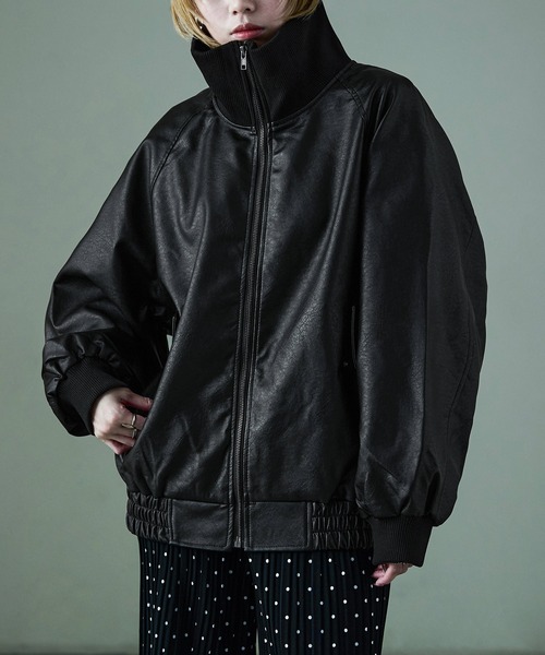 オーバーサイズ スタンドカラー フェイクレザーブルゾン ユニセックス