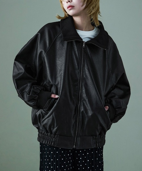 オーバーサイズ スタンドカラー フェイクレザーブルゾン ユニセックス